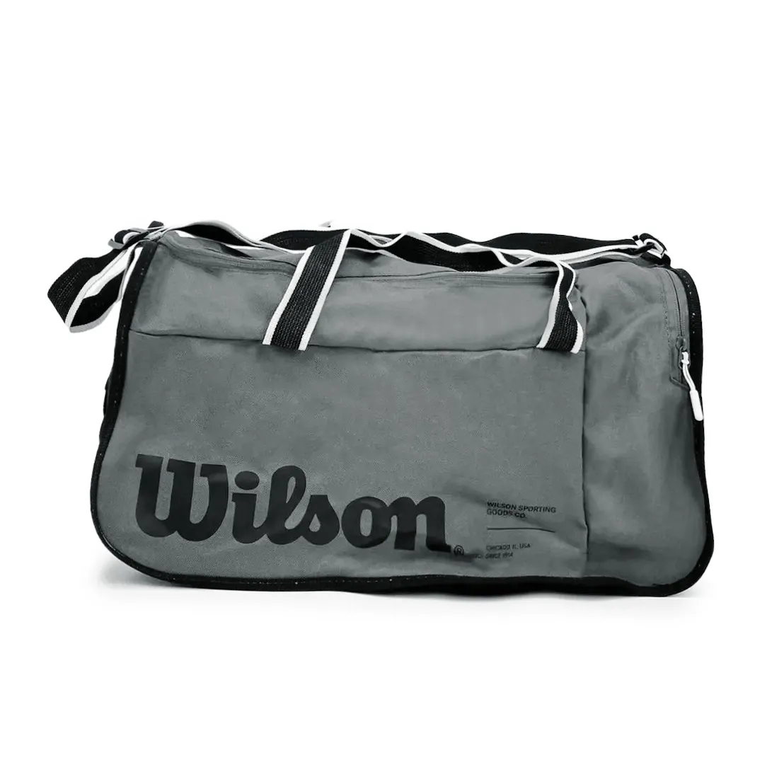 Bolsa esportiva Wilson Travel Feminina na cor cinza, confeccionada em poliéster, vista frontal com alças duplas e bolso frontal com logo
